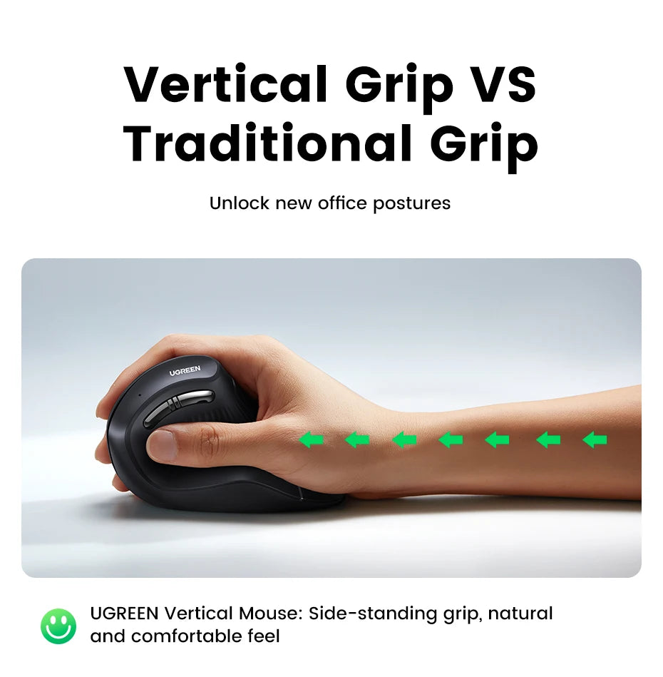 UGREEN Vertical Mouse Wireless Bluetooth5.0 2.4G Ergonomic 4000DPI 6 Mute Buttons for MacBook Tablet Laptops Computer PC Mice Ergora