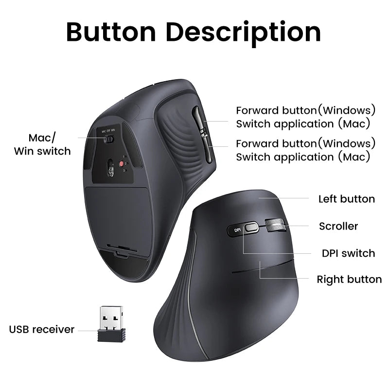 UGREEN Vertical Mouse Wireless Bluetooth5.0 2.4G Ergonomic 4000DPI 6 Mute Buttons for MacBook Tablet Laptops Computer PC Mice Ergora
