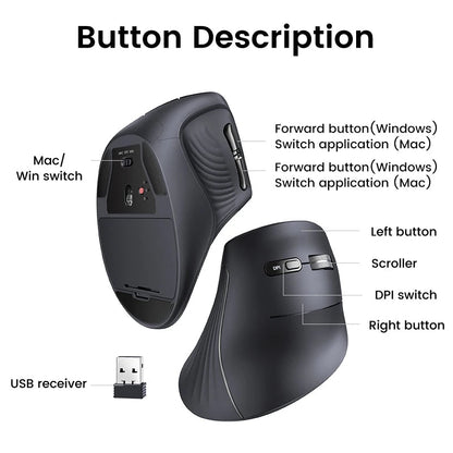 UGREEN Vertical Mouse Wireless Bluetooth5.0 2.4G Ergonomic 4000DPI 6 Mute Buttons for MacBook Tablet Laptops Computer PC Mice Ergora