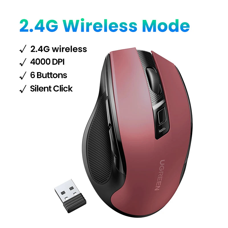 UGREEN Wireless Mouse Bluetooth5.0 Mouse Ergonomic 4000DPI 6 Mute Buttons Mouse For MacBook Tablet Laptops Computer PC 2.4G Mice Ergora