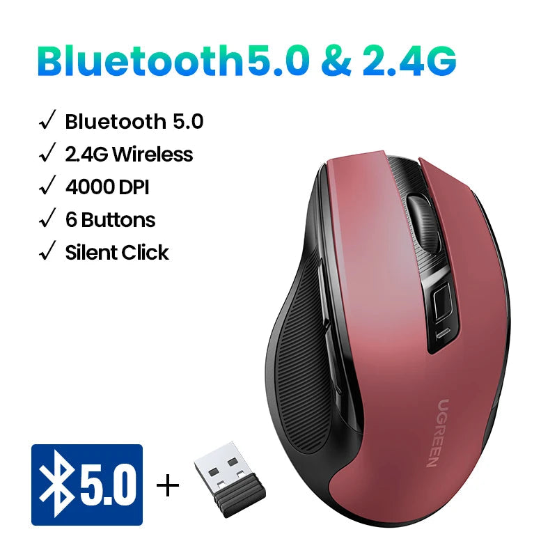 UGREEN Wireless Mouse Bluetooth5.0 Mouse Ergonomic 4000DPI 6 Mute Buttons Mouse For MacBook Tablet Laptops Computer PC 2.4G Mice Ergora