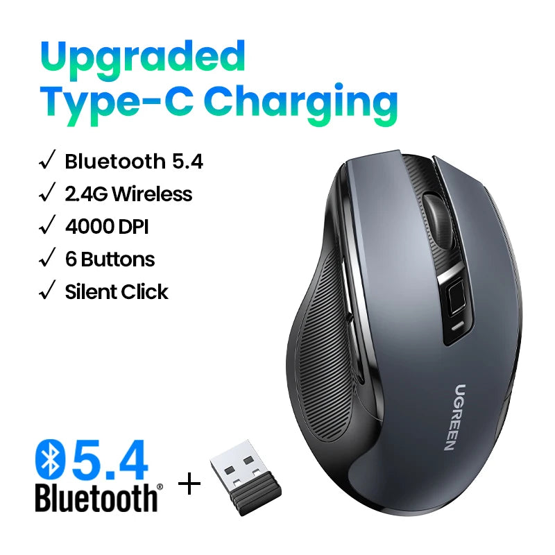 UGREEN Wireless Mouse Bluetooth5.0 Mouse Ergonomic 4000DPI 6 Mute Buttons Mouse For MacBook Tablet Laptops Computer PC 2.4G Mice Ergora