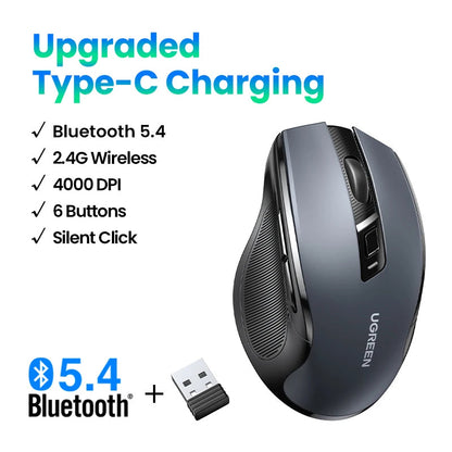 UGREEN Wireless Mouse Bluetooth5.0 Mouse Ergonomic 4000DPI 6 Mute Buttons Mouse For MacBook Tablet Laptops Computer PC 2.4G Mice Ergora