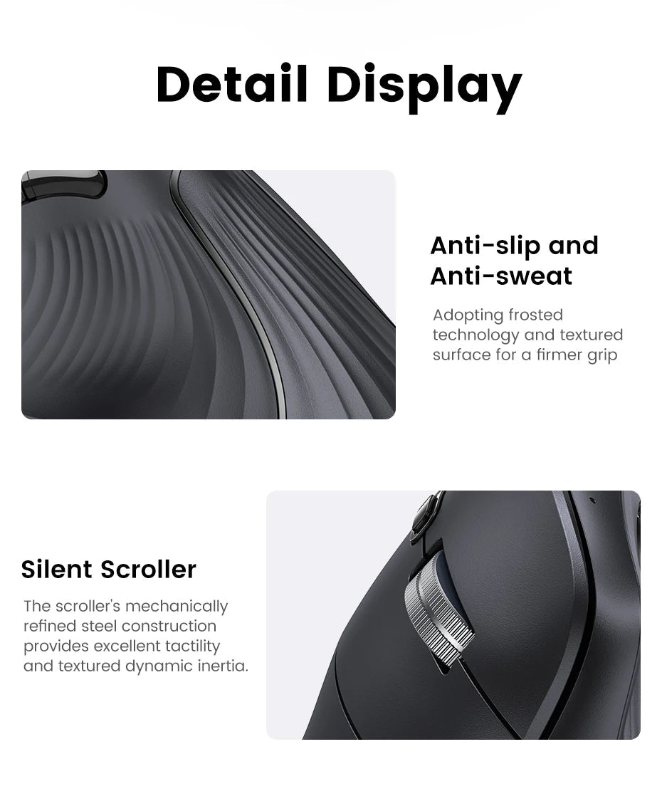 UGREEN Vertical Mouse Wireless Bluetooth5.0 2.4G Ergonomic 4000DPI 6 Mute Buttons for MacBook Tablet Laptops Computer PC Mice Ergora