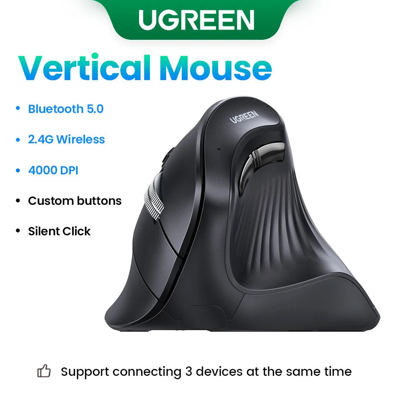 UGREEN Vertical Mouse Wireless Bluetooth5.0 2.4G Ergonomic 4000DPI 6 Mute Buttons for MacBook Tablet Laptops Computer PC Mice Ergora