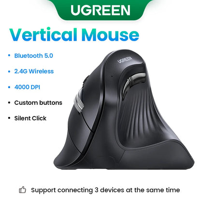 UGREEN Vertical Mouse Wireless Bluetooth5.0 2.4G Ergonomic 4000DPI 6 Mute Buttons for MacBook Tablet Laptops Computer PC Mice Ergora
