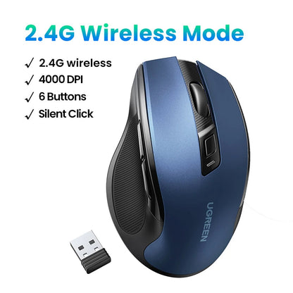 UGREEN Wireless Mouse Bluetooth5.0 Mouse Ergonomic 4000DPI 6 Mute Buttons Mouse For MacBook Tablet Laptops Computer PC 2.4G Mice Ergora