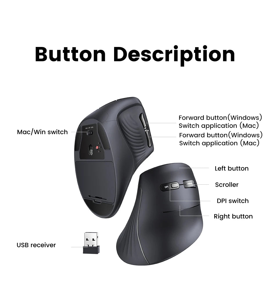 UGREEN Vertical Mouse Wireless Bluetooth5.0 2.4G Ergonomic 4000DPI 6 Mute Buttons for MacBook Tablet Laptops Computer PC Mice Ergora