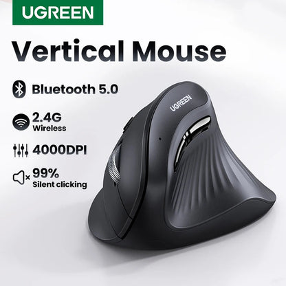 UGREEN Vertical Mouse Wireless Bluetooth5.0 2.4G Ergonomic 4000DPI 6 Mute Buttons for MacBook Tablet Laptops Computer PC Mice Ergora