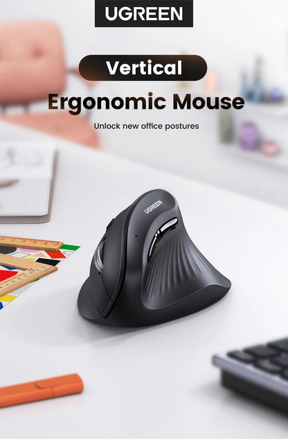 UGREEN Vertical Mouse Wireless Bluetooth5.0 2.4G Ergonomic 4000DPI 6 Mute Buttons for MacBook Tablet Laptops Computer PC Mice Ergora