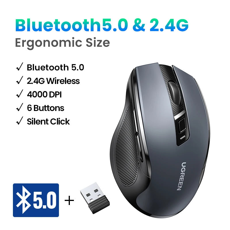 UGREEN Wireless Mouse Bluetooth5.0 Mouse Ergonomic 4000DPI 6 Mute Buttons Mouse For MacBook Tablet Laptops Computer PC 2.4G Mice Ergora