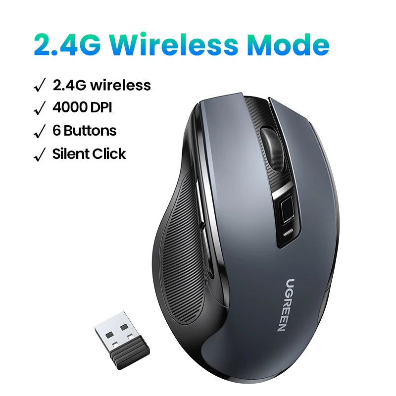 UGREEN Wireless Mouse Bluetooth5.0 Mouse Ergonomic 4000DPI 6 Mute Buttons Mouse For MacBook Tablet Laptops Computer PC 2.4G Mice Ergora